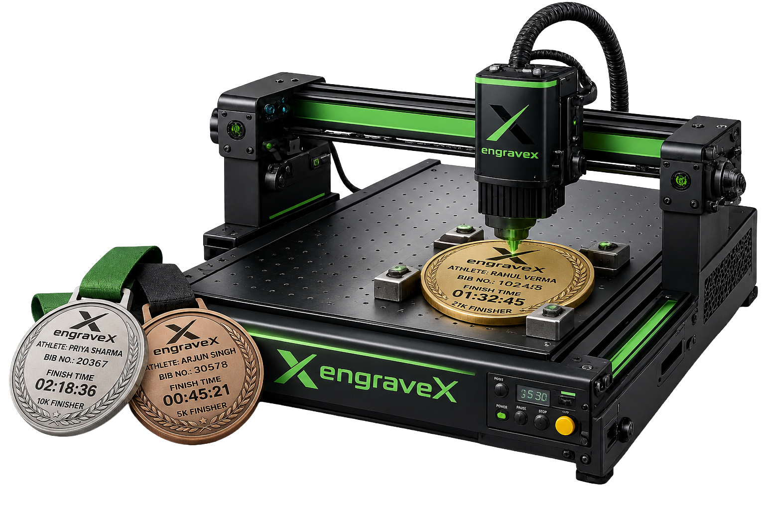 engraveX high-speed laser engraving machine engraving a finisher medal